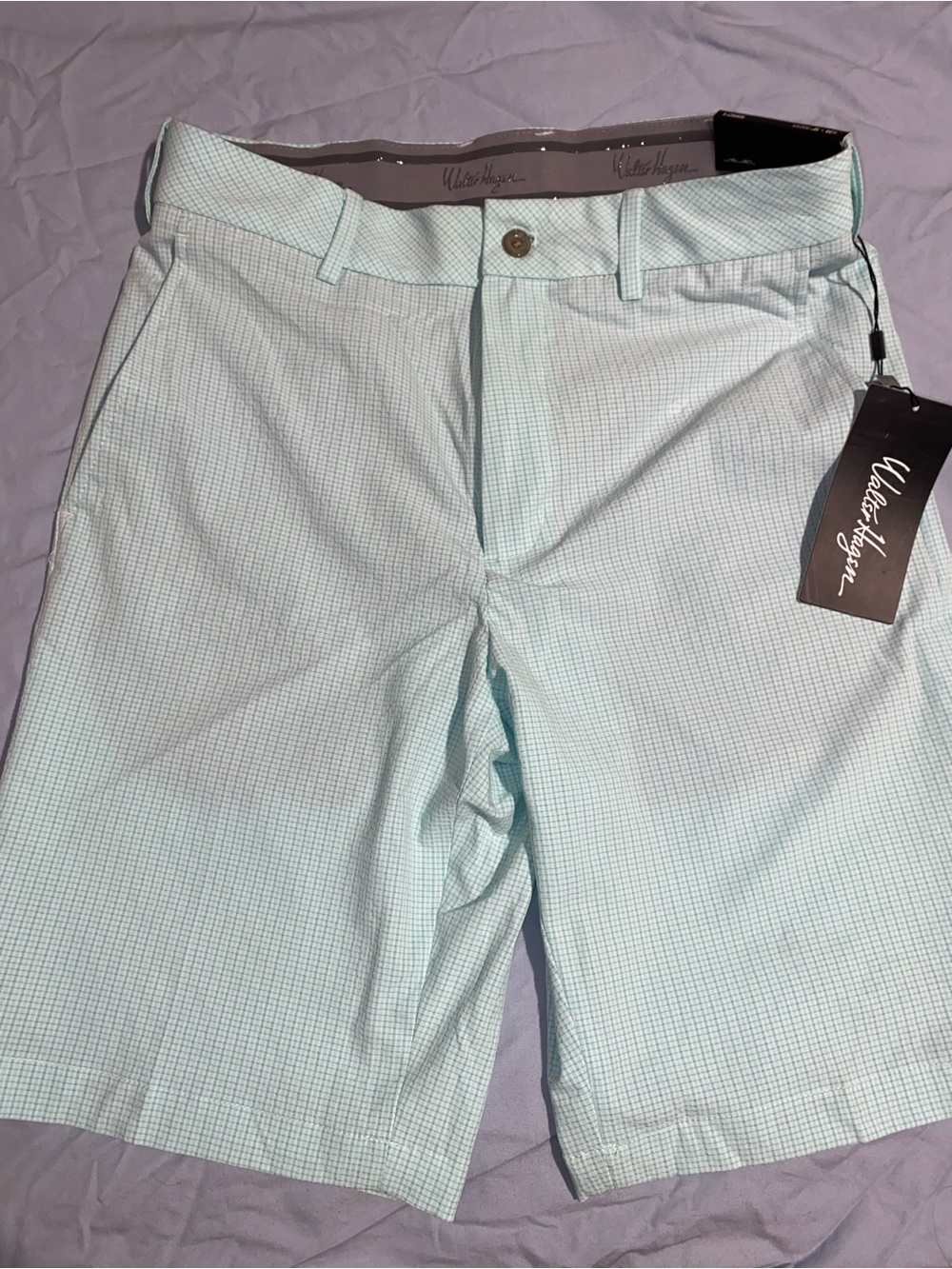 Walter Hagen Men’s Light Aqua Micro-Check Flat Front Shorts